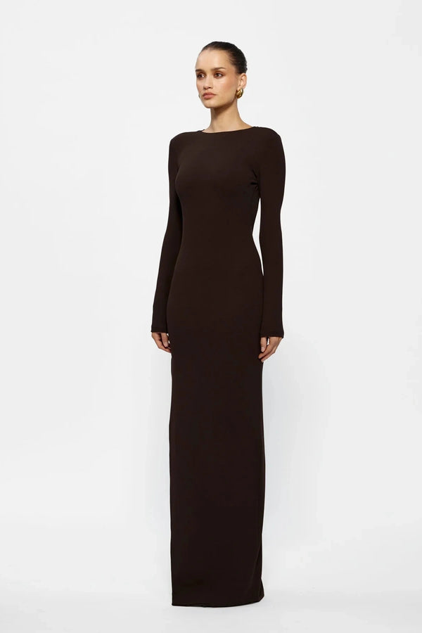 Indie Gown Coffee by Effie Kats – Long-sleeve stretch crepe gown with dramatic open back, designed to flatter with timeless elegance.