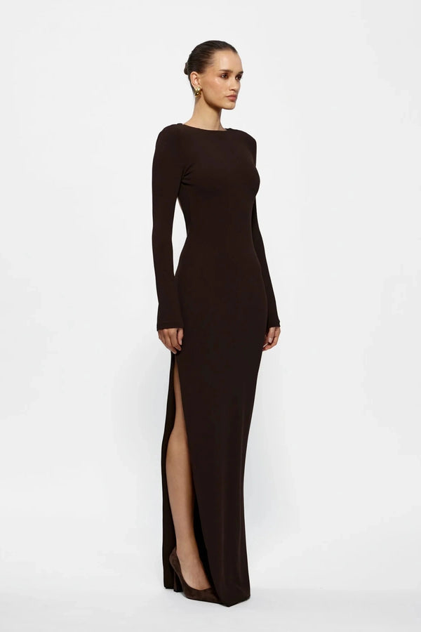 Indie Gown Coffee by Effie Kats – Long-sleeve stretch crepe gown with dramatic open back, designed to flatter with timeless elegance.