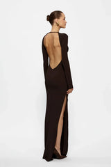 Indie Gown Coffee by Effie Kats – Long-sleeve stretch crepe gown with dramatic open back, designed to flatter with timeless elegance.