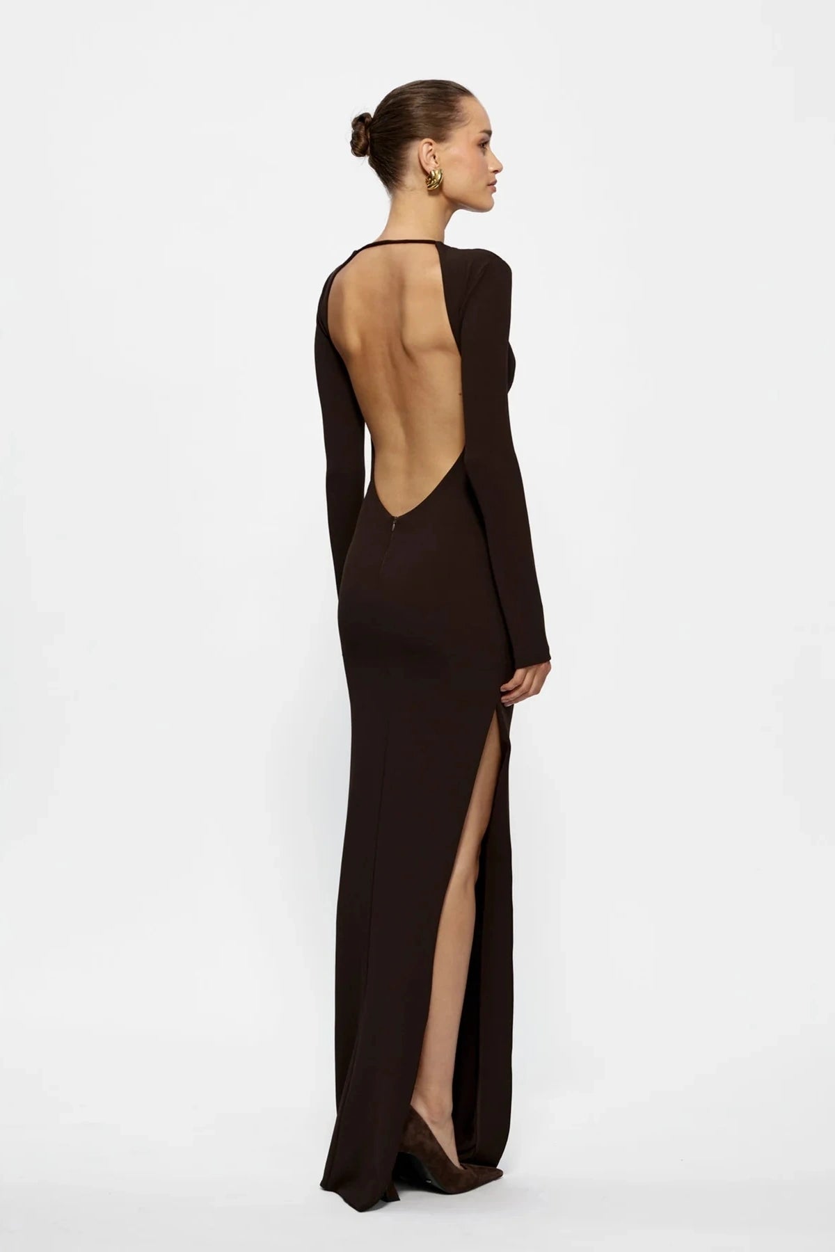 Indie Gown Coffee by Effie Kats – Long-sleeve stretch crepe gown with dramatic open back, designed to flatter with timeless elegance.
