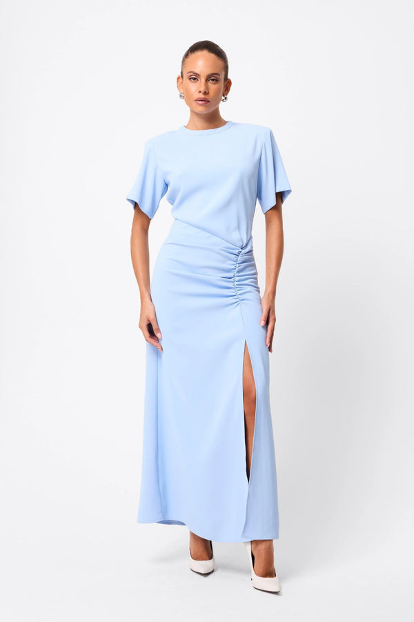 Infusion Maxi Dress in Blue by Mossman, a fluid crew-neck maxi with asymmetric ruching and short sleeves for refined yet modern daytime elegance.