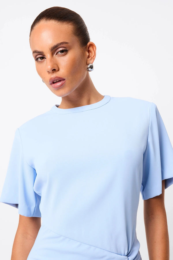 Infusion Maxi Dress in Blue by Mossman, a fluid crew-neck maxi with asymmetric ruching and short sleeves for refined yet modern daytime elegance.