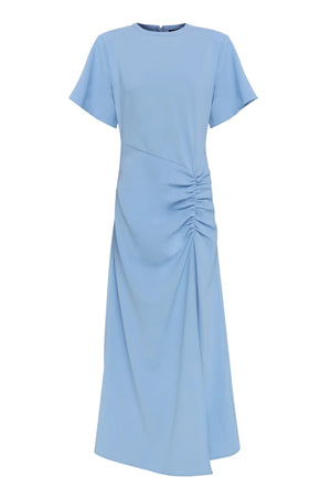 Infusion Maxi Dress in Blue by Mossman, a fluid crew-neck maxi with asymmetric ruching and short sleeves for refined yet modern daytime elegance.