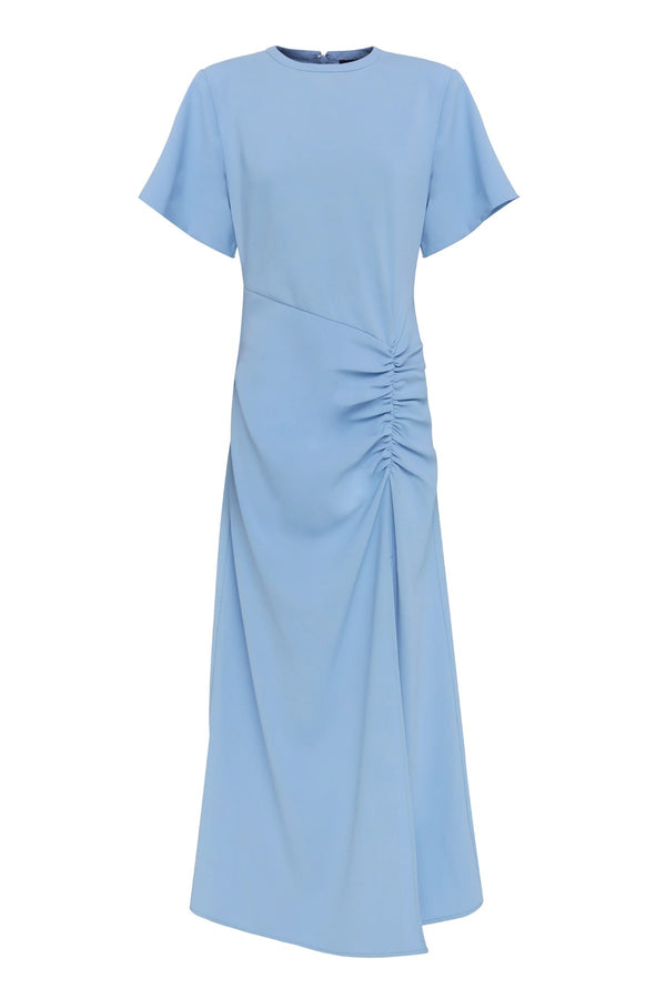 Infusion Maxi Dress in Blue by Mossman, a fluid crew-neck maxi with asymmetric ruching and short sleeves for refined yet modern daytime elegance.