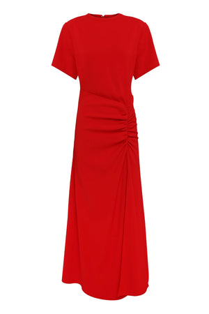Infusion Maxi Dress in Red by Mossman, a refined crew-neck maxi with asymmetric ruching and fluid drape for effortless day-to-evening elegance.
