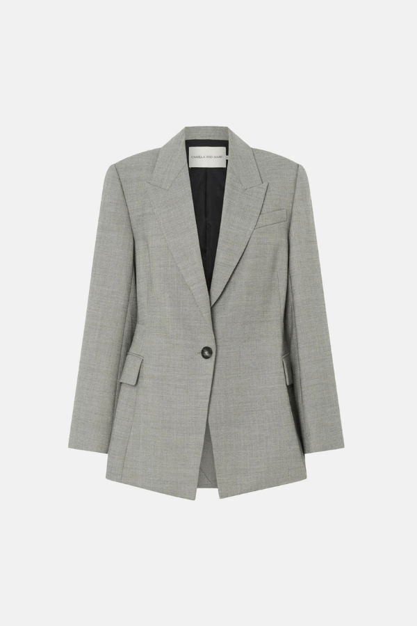 Ingram Blazer in Natural Marle by Camilla and Marc, slim-fit wool-blend blazer with padded shoulders and cinched waist, perfect for a polished, sophisticated look.