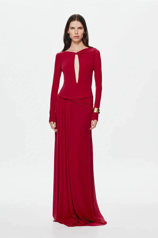 Irina Long Sleeve Dress Cherry by Misha, mesh maxi with twist details and waterfall sash, perfect for elegant evenings or bold events.