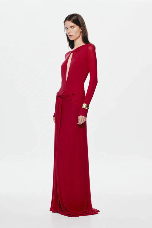 Irina Long Sleeve Dress Cherry by Misha, mesh maxi with twist details and waterfall sash, perfect for elegant evenings or bold events.