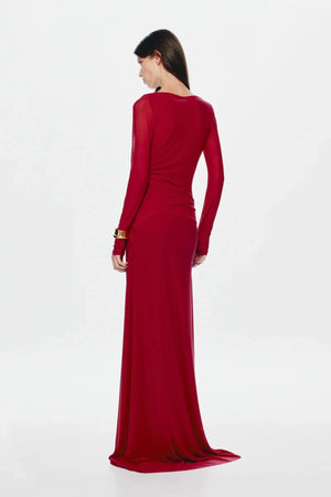 Irina Long Sleeve Dress Cherry by Misha, mesh maxi with twist details and waterfall sash, perfect for elegant evenings or bold events.