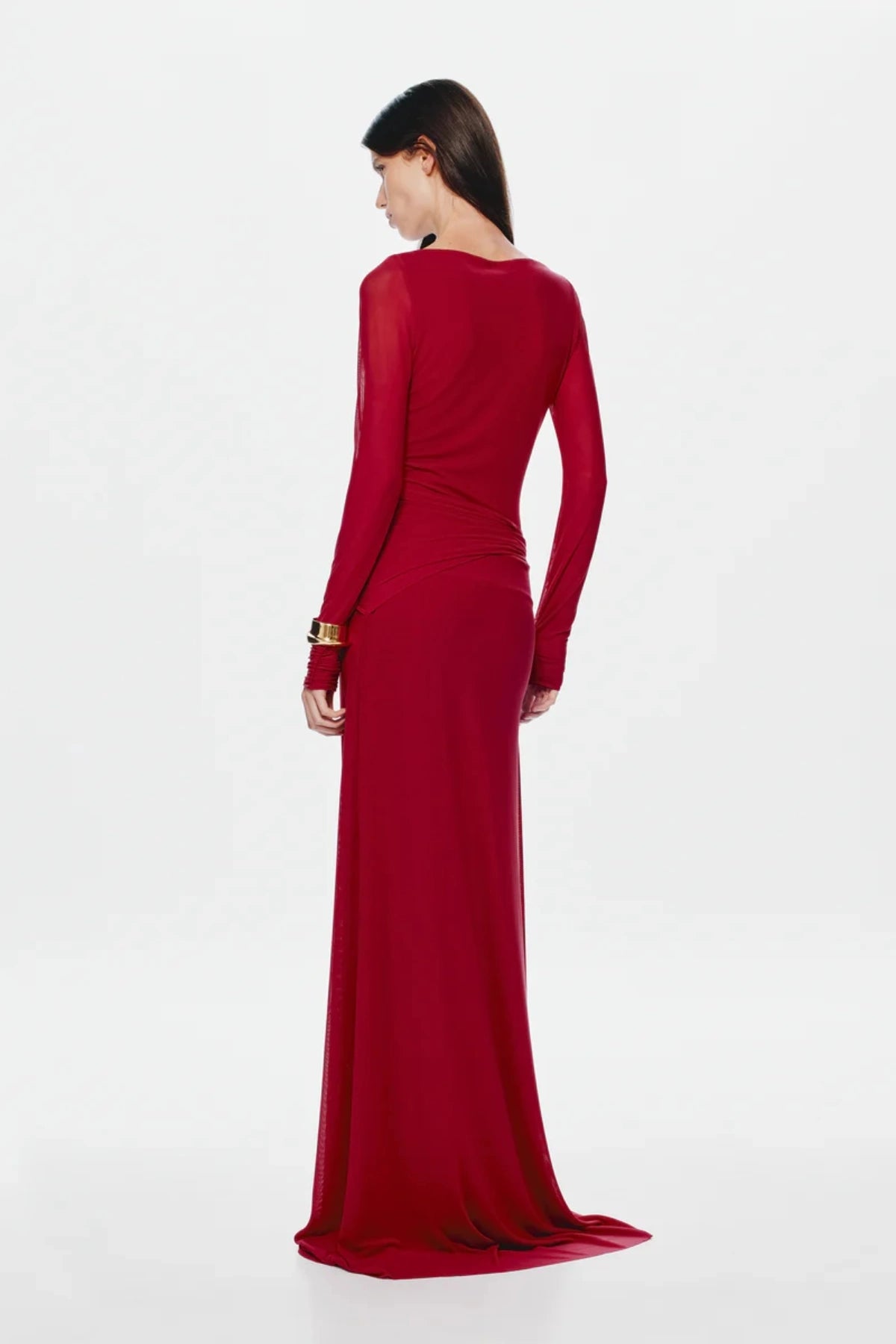 Irina Long Sleeve Dress Cherry by Misha, mesh maxi with twist details and waterfall sash, perfect for elegant evenings or bold events.