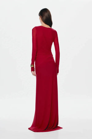 Irina Long Sleeve Dress Cherry by Misha, mesh maxi with twist details and waterfall sash, perfect for elegant evenings or bold events.