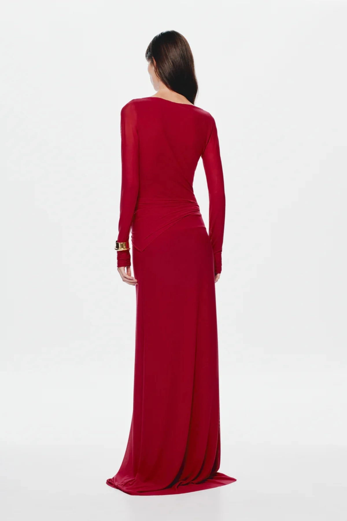 Irina Long Sleeve Dress Cherry by Misha, mesh maxi with twist details and waterfall sash, perfect for elegant evenings or bold events.