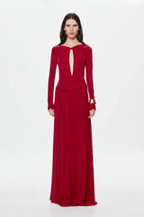 Irina Long Sleeve Dress Cherry by Misha, mesh maxi with twist details and waterfall sash, perfect for elegant evenings or bold events.