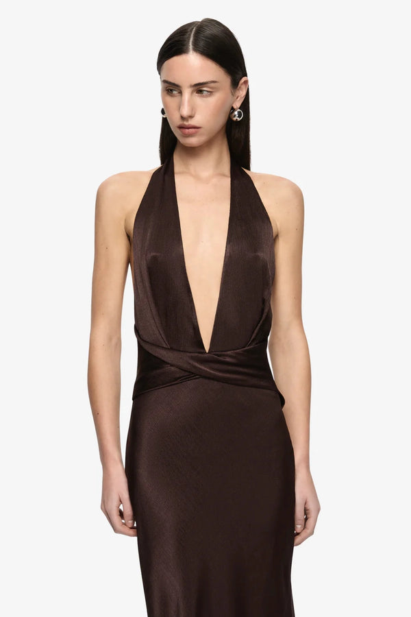 Irina Maxi Dress Espresso by Bec + Bridge – a bias cut maxi dress with twist detail. Perfect for evening styling.