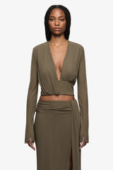 Isabella Long Sleeve Top Twig by Bec + Bridge - draped georgette top with plunge neckline, designed for elegant day to night styling.
