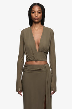 Isabella Long Sleeve Top Twig by Bec + Bridge - draped georgette top with plunge neckline, designed for elegant day to night styling.
