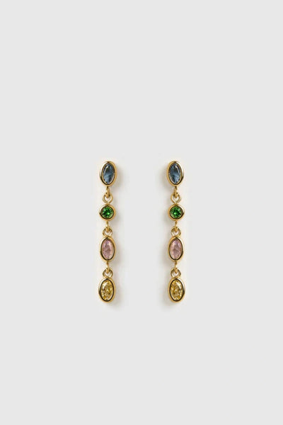Isadora Earrings in Multi Blue by Arms of Eve, drop-style earrings with blue-toned zircon stones on polished gold for a luxurious pop of colour.