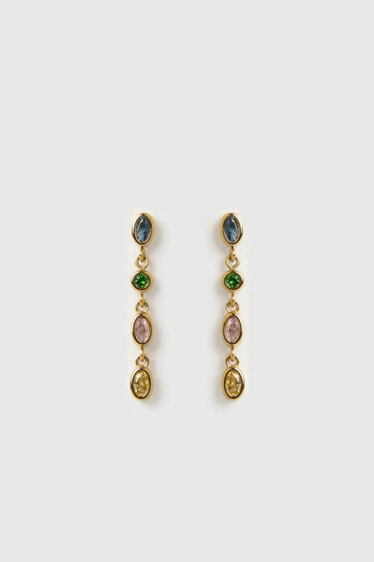 Isadora Earrings in Multi Blue by Arms of Eve, drop-style earrings with blue-toned zircon stones on polished gold for a luxurious pop of colour.
