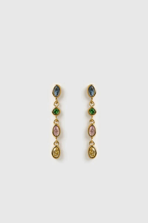 Isadora Earrings in Multi Blue by Arms of Eve, drop-style earrings with blue-toned zircon stones on polished gold for a luxurious pop of colour.