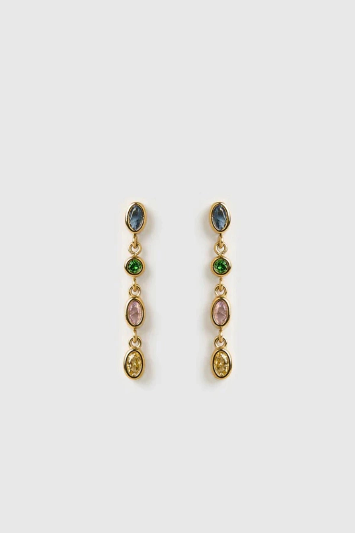 Isadora Earrings in Multi Blue by Arms of Eve, drop-style earrings with blue-toned zircon stones on polished gold for a luxurious pop of colour.