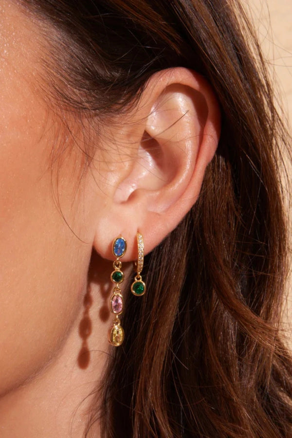 Isadora Earrings in Multi Blue by Arms Of Eve, drop-style earrings with blue-toned zircon stones on polished gold for a luxurious pop of colour.