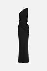 Isadora Satin Dress Carafe by MISHA – a one-shoulder satin gown with ruching and cutout. Perfect for elegant evening styling.