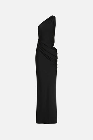Isadora Satin Dress Carafe by MISHA – a one-shoulder satin gown with ruching and cutout. Perfect for elegant evening styling.
