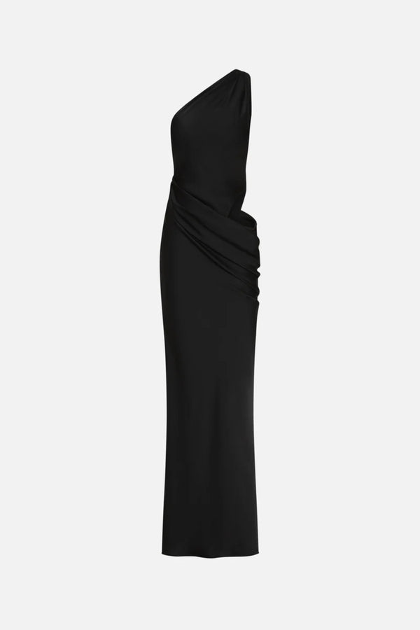 Isadora Satin Dress Carafe by MISHA – a one-shoulder satin gown with ruching and cutout. Perfect for elegant evening styling.