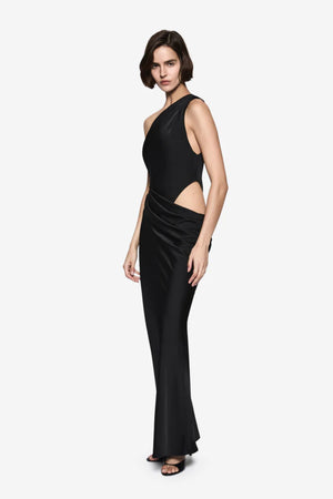 Isadora Satin Dress Carafe by MISHA – a one-shoulder satin gown with ruching and cutout. Perfect for elegant evening styling.