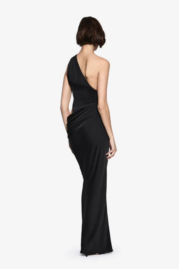 Isadora Satin Dress Carafe by MISHA – a one-shoulder satin gown with ruching and cutout. Perfect for elegant evening styling.