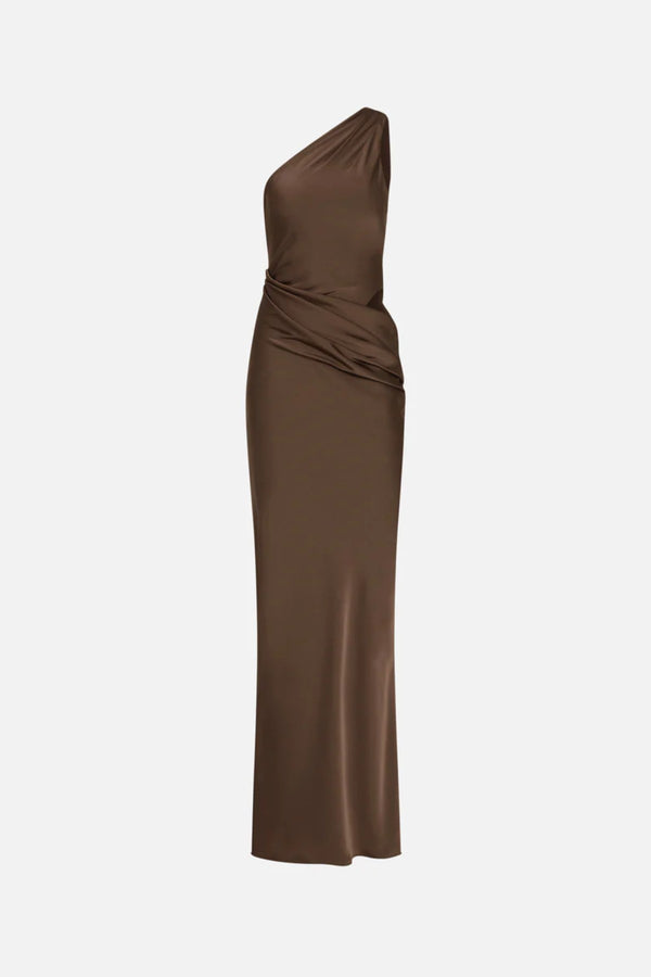 Isadora Satin Dress Carafe by Misha - one shoulder satin maxi dress with waist ruching and subtle hip cut out, perfect for elegant evening events.