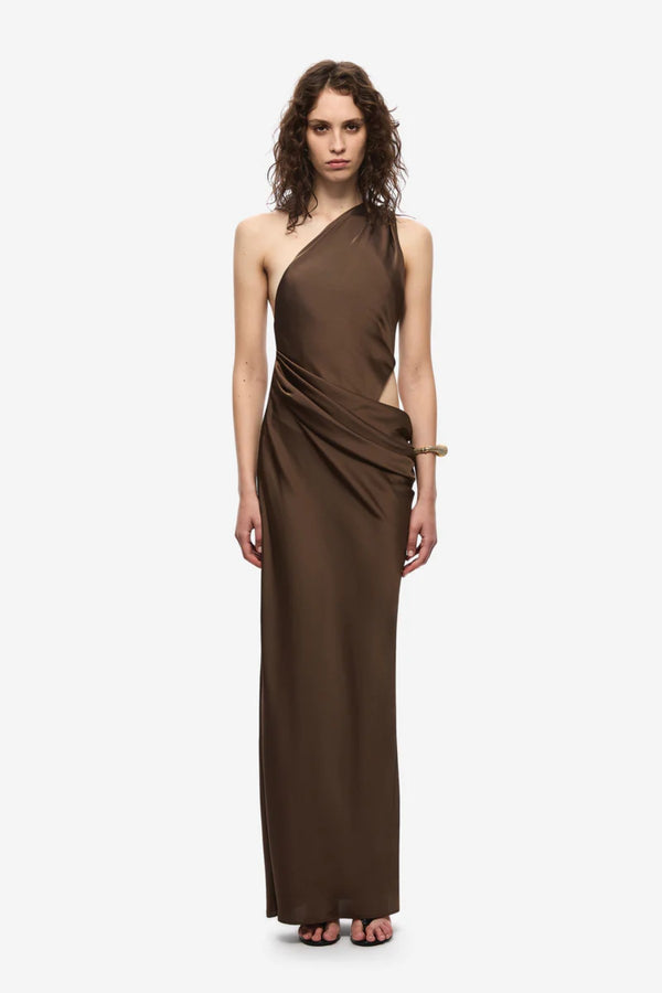 Isadora Satin Dress Carafe by Misha - one shoulder satin maxi dress with waist ruching and subtle hip cut out, perfect for elegant evening events.