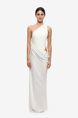 Isadora Satin Dress by Misa, an ivory one-shoulder maxi with waist ruching, subtle cut-out and fluid satin finish.