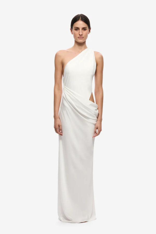Isadora Satin Dress by Misa, an ivory one-shoulder maxi with waist ruching, subtle cut-out and fluid satin finish.