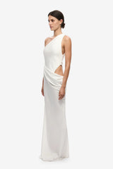 Isadora Satin Dress by Misa, an ivory one-shoulder maxi with waist ruching, subtle cut-out and fluid satin finish.