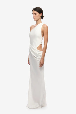 Isadora Satin Dress by Misa, an ivory one-shoulder maxi with waist ruching, subtle cut-out and fluid satin finish.