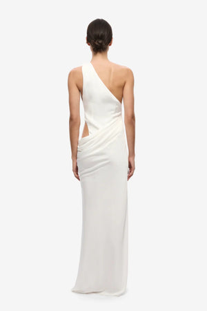 Isadora Satin Dress by Misa, an ivory one-shoulder maxi with waist ruching, subtle cut-out and fluid satin finish.