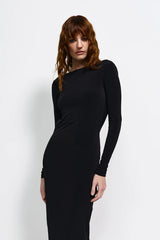 Ishani Gown in Black by Effie Kats, elegant stretch jersey gown with high boat neckline, low back, and subtle ruching for a timeless silhouette.