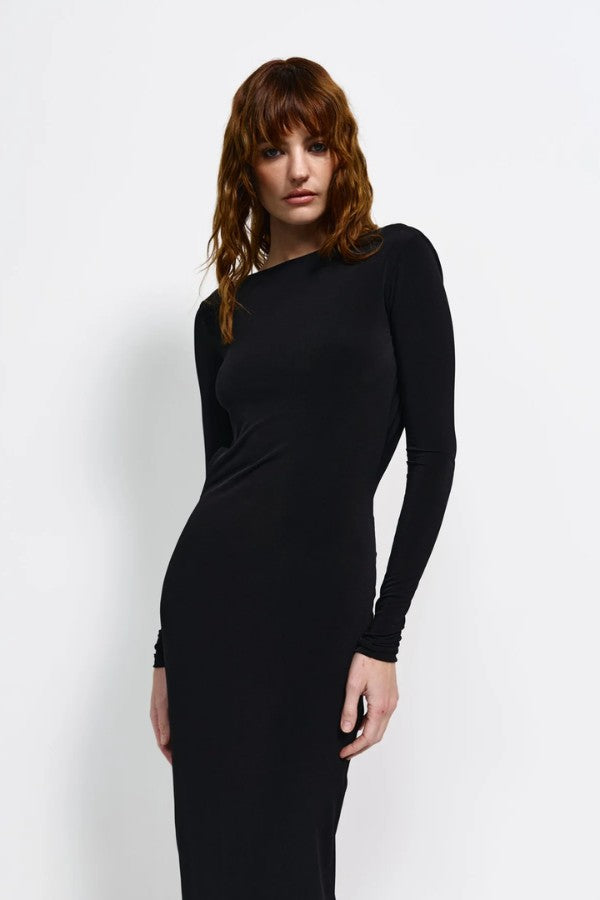 Ishani Gown in Black by Effie Kats, elegant stretch jersey gown with high boat neckline, low back, and subtle ruching for a timeless silhouette.