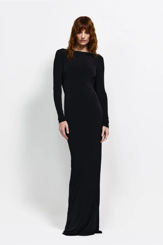 Ishani Gown in Black by Effie Kats, elegant stretch jersey gown with high boat neckline, low back, and subtle ruching for a timeless silhouette.
