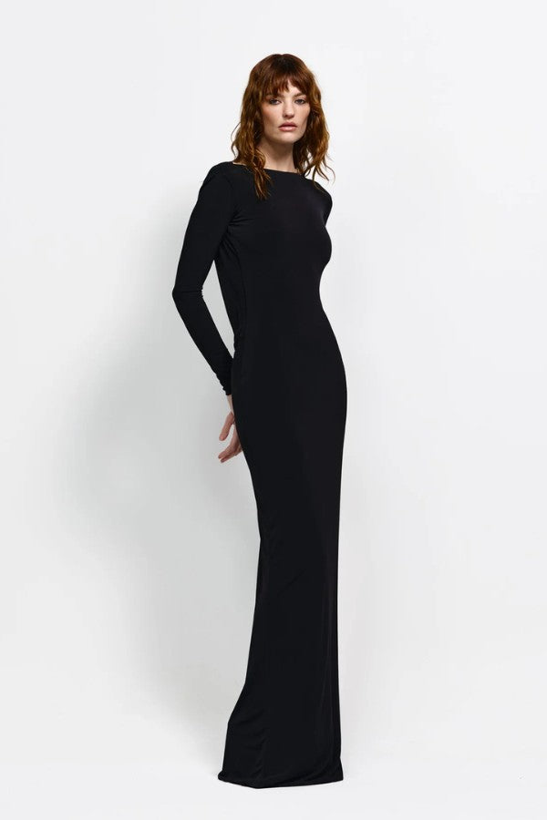 Ishani Gown in Black by Effie Kats, elegant stretch jersey gown with high boat neckline, low back, and subtle ruching for a timeless silhouette.