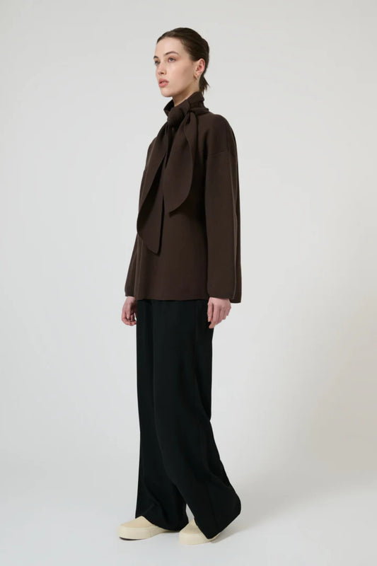 Isla Scarf Sweater Chocolate by Onte – oversized soufflé knit sweater with elegant scarf tie neckline.