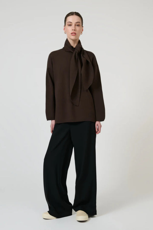 Isla Scarf Sweater Chocolate by Onte – oversized soufflé knit sweater with elegant scarf tie neckline.