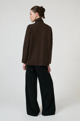 Isla Scarf Sweater Chocolate by Onte – oversized soufflé knit sweater with elegant scarf tie neckline.