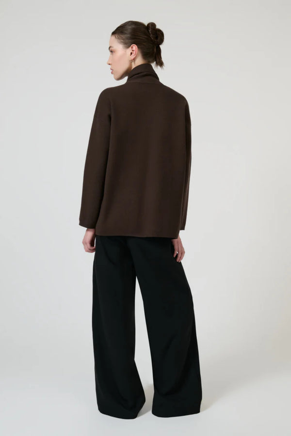 Isla Scarf Sweater Chocolate by Onte – oversized soufflé knit sweater with elegant scarf tie neckline.
