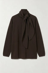 Isla Scarf Sweater Chocolate by Onte – oversized soufflé knit sweater with elegant scarf tie neckline.
