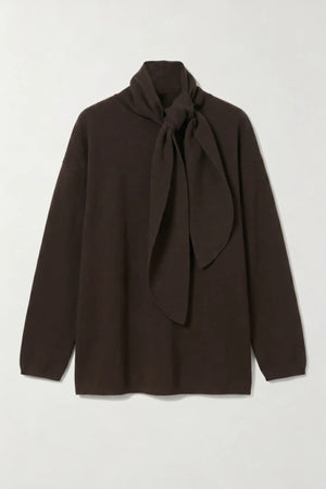 Isla Scarf Sweater Chocolate by Onte – oversized soufflé knit sweater with elegant scarf tie neckline.