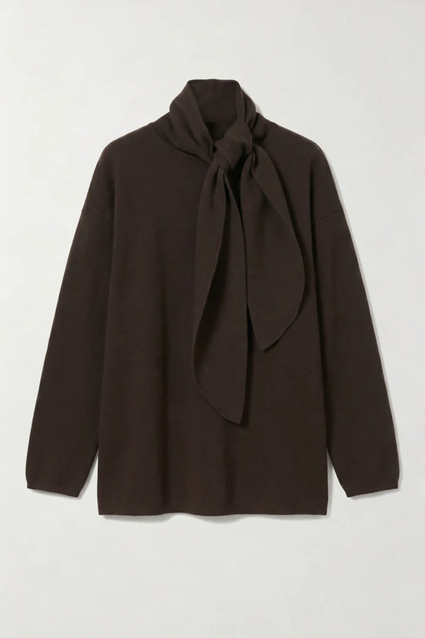 Isla Scarf Sweater Chocolate by Onte – oversized soufflé knit sweater with elegant scarf tie neckline.