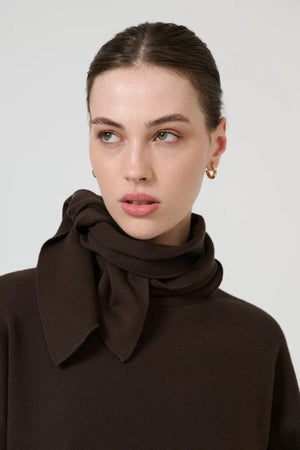 Isla Scarf Sweater Chocolate by Onte – oversized soufflé knit sweater with elegant scarf tie neckline.