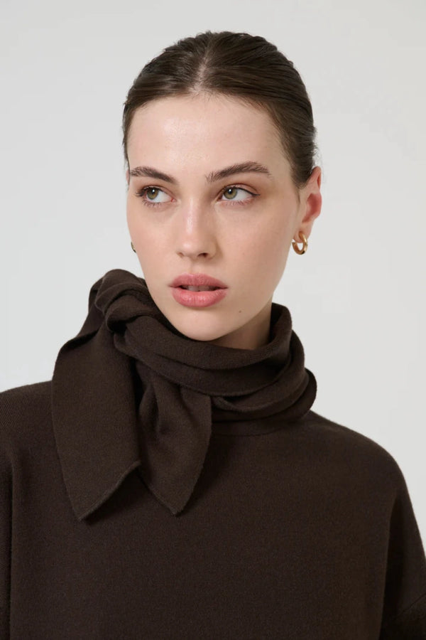 Isla Scarf Sweater Chocolate by Onte – oversized soufflé knit sweater with elegant scarf tie neckline.